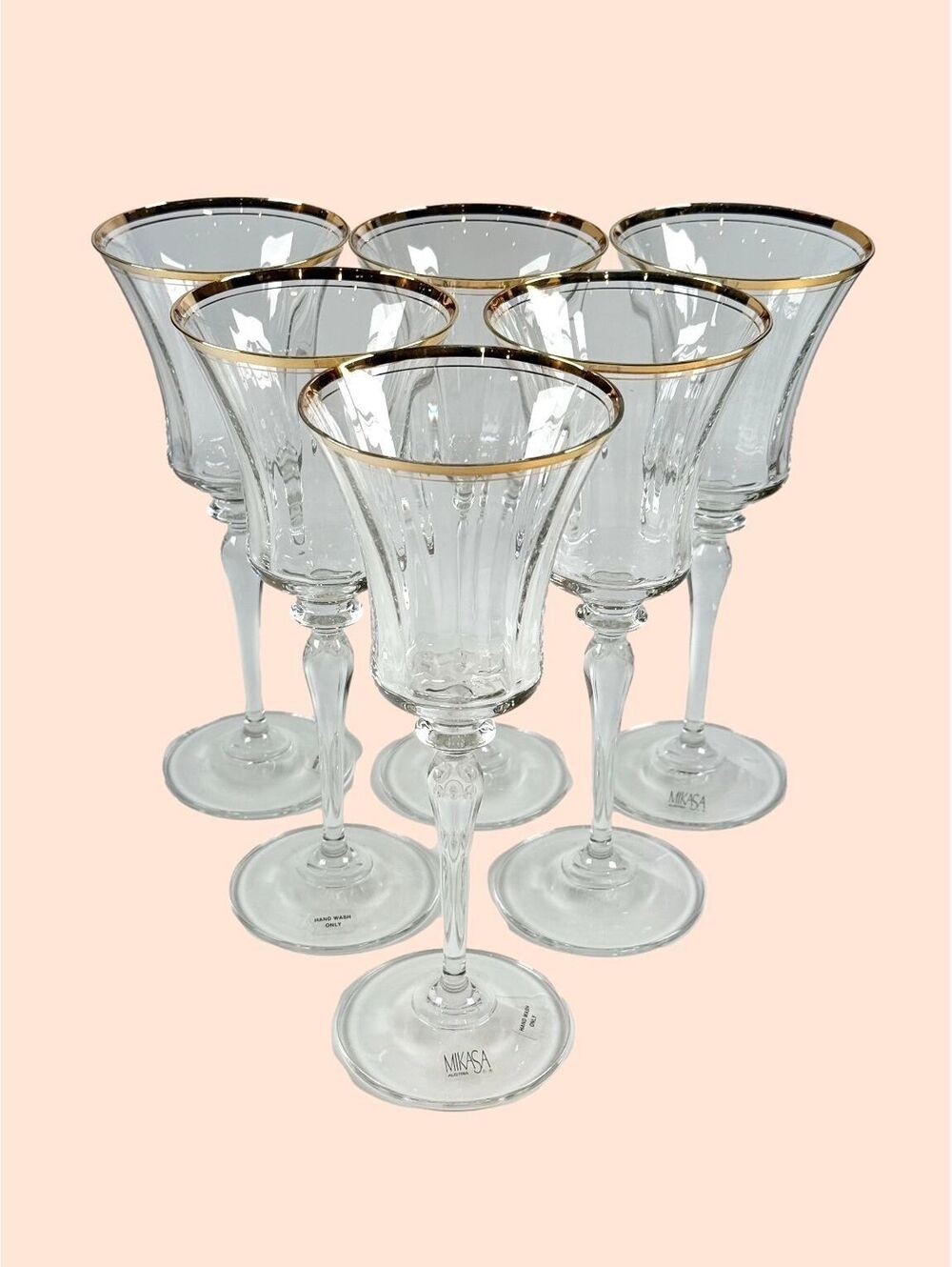 Set 6 Vintage Mikasa Jamestown Crystal Gold Rim Wine Goblets Formal Drinkware